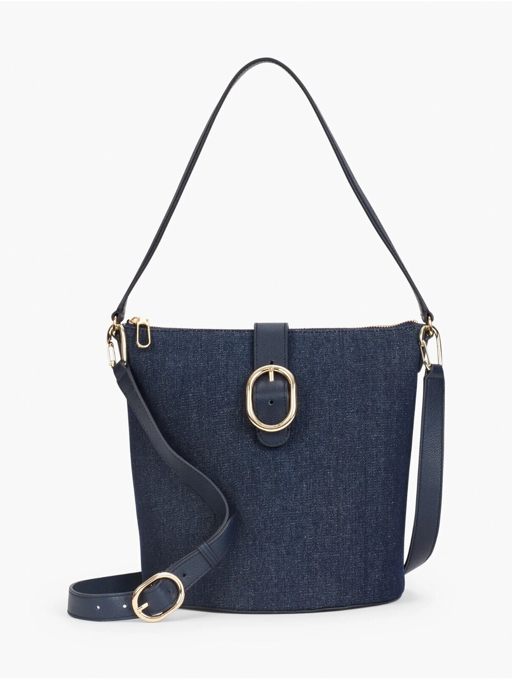 Talbots Women's Navy Blue Denim Bucket Shoulder Crossbody Bag Gold Zip Top